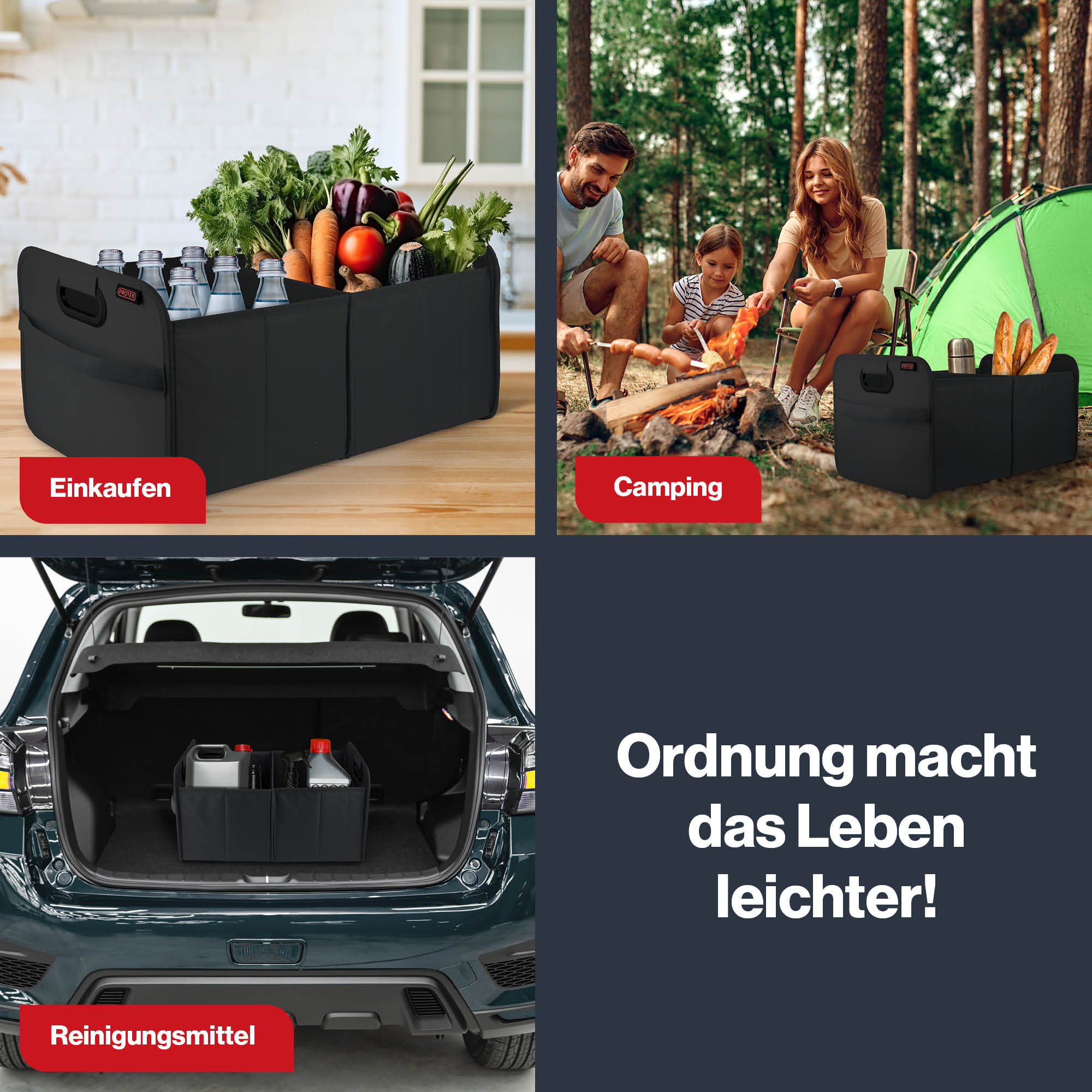 PROTEX Kofferraum Organizer 44 l - Faltbare Auto Kofferraumtasche - Stabile & wasserdichte Aufbewahrungsbox Auto - Einkaufen, Camping, Reisen