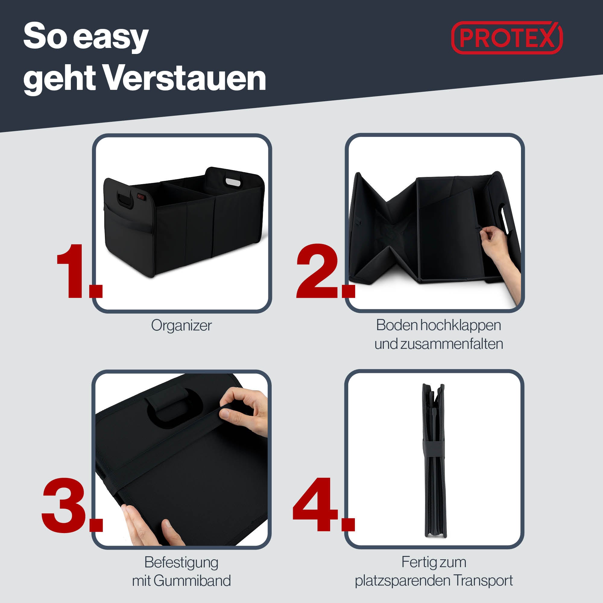 PROTEX Kofferraum Organizer 44 l - Faltbare Auto Kofferraumtasche - Stabile & wasserdichte Aufbewahrungsbox Auto - Einkaufen, Camping, Reisen